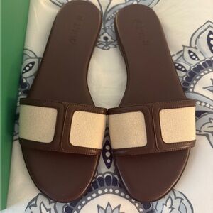 J. Crew Brown and Cream Canvas Women's Slides. Size 8.5